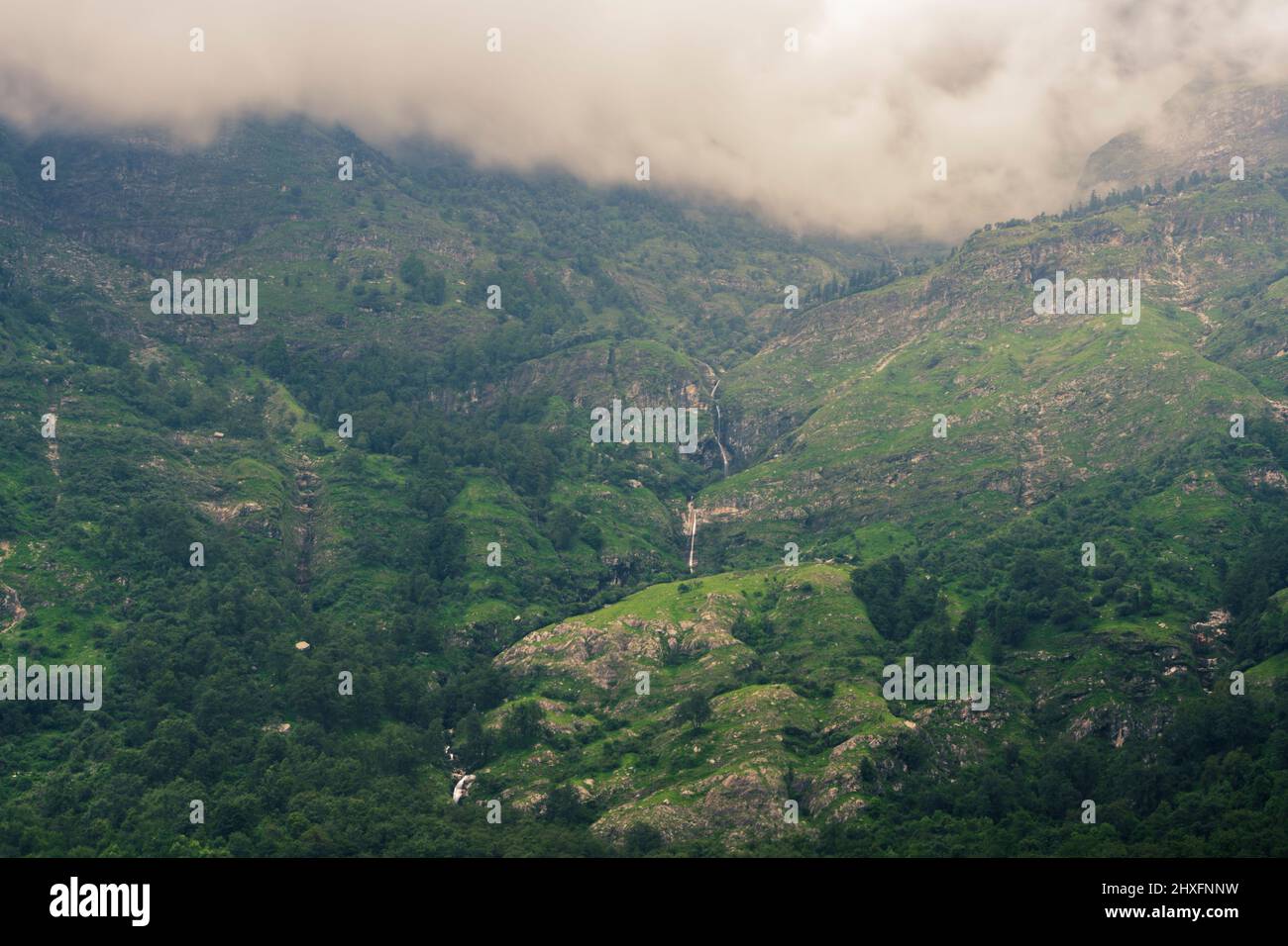 Water falling from a mountain. Mountain in uttarakhand. Green mountains ...