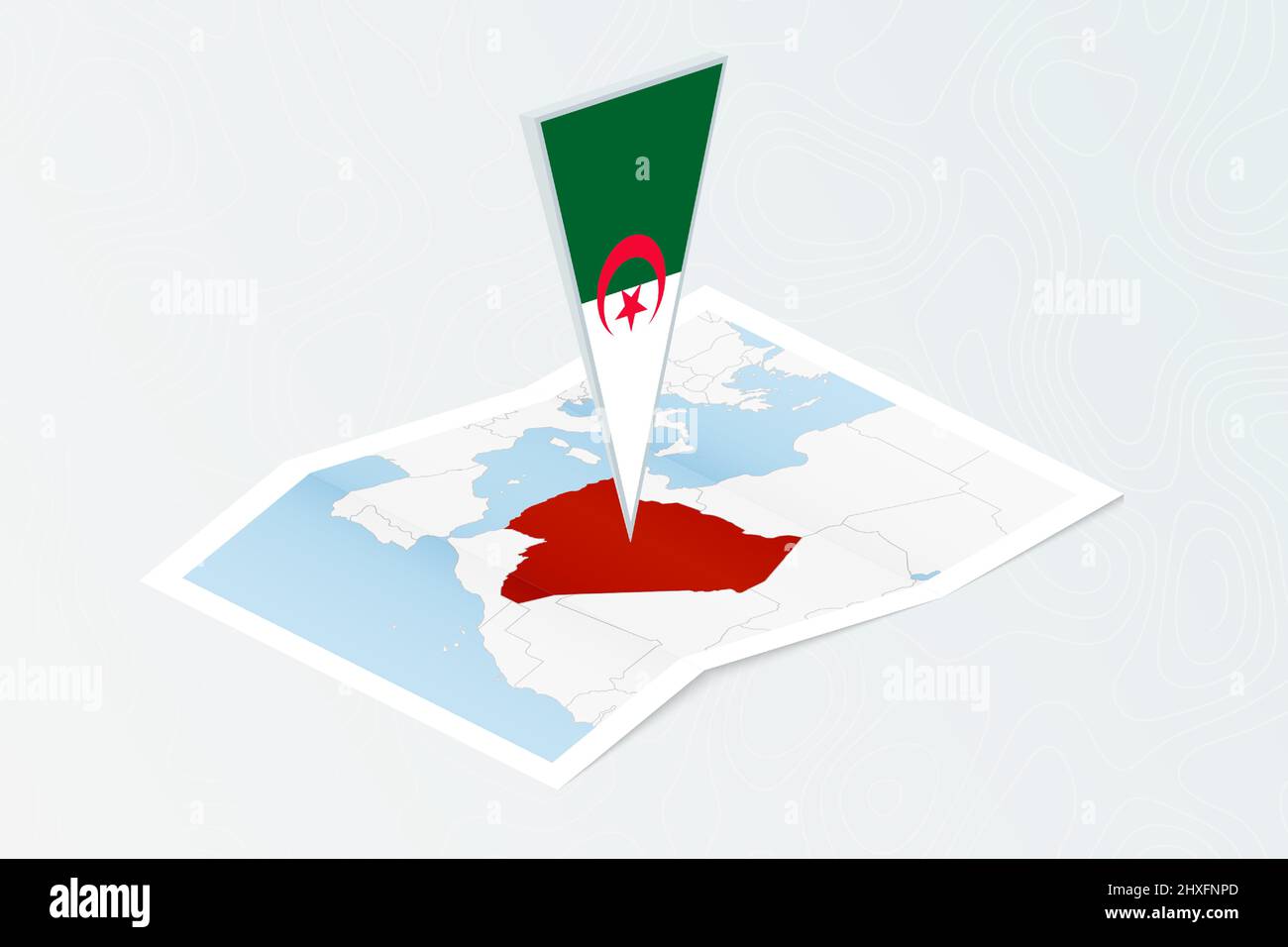 Isometric paper map of Algeria with triangular flag of Algeria in isometric style. Map on topographic background. Vector illustration. Stock Vector