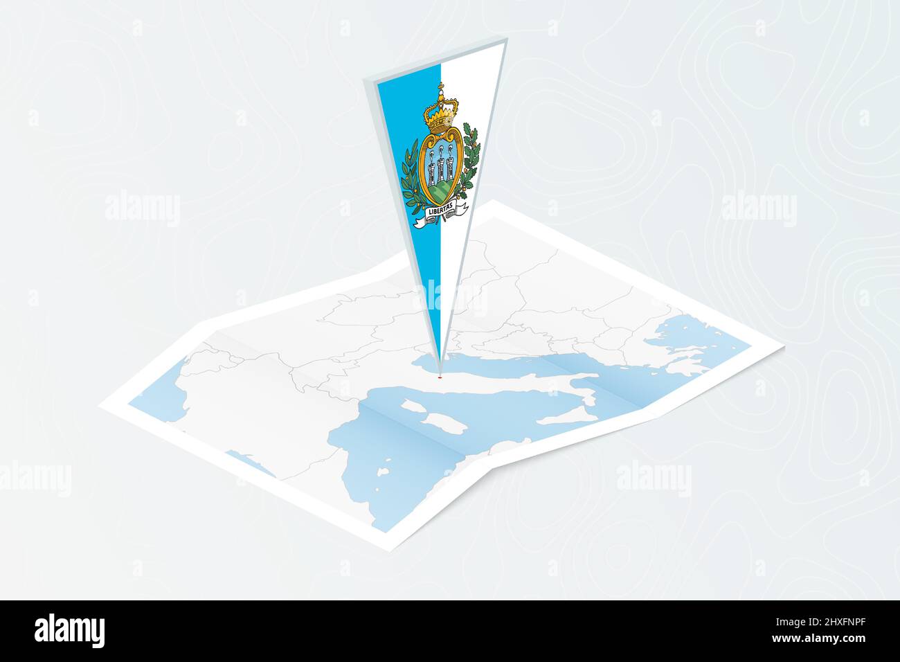 Isometric paper map of San Marino with triangular flag of San Marino in ...