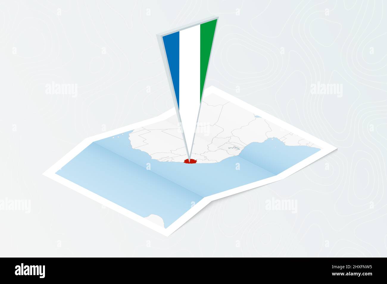 Isometric paper map of Sierra Leone with triangular flag of Sierra ...