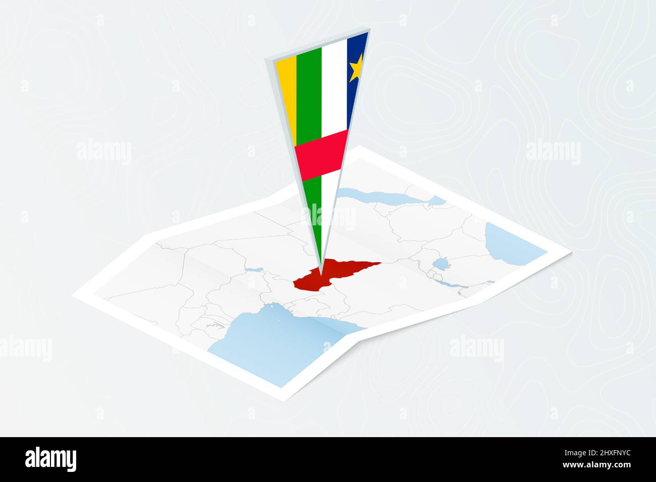 Isometric paper map of Central African Republic with triangular flag of ...