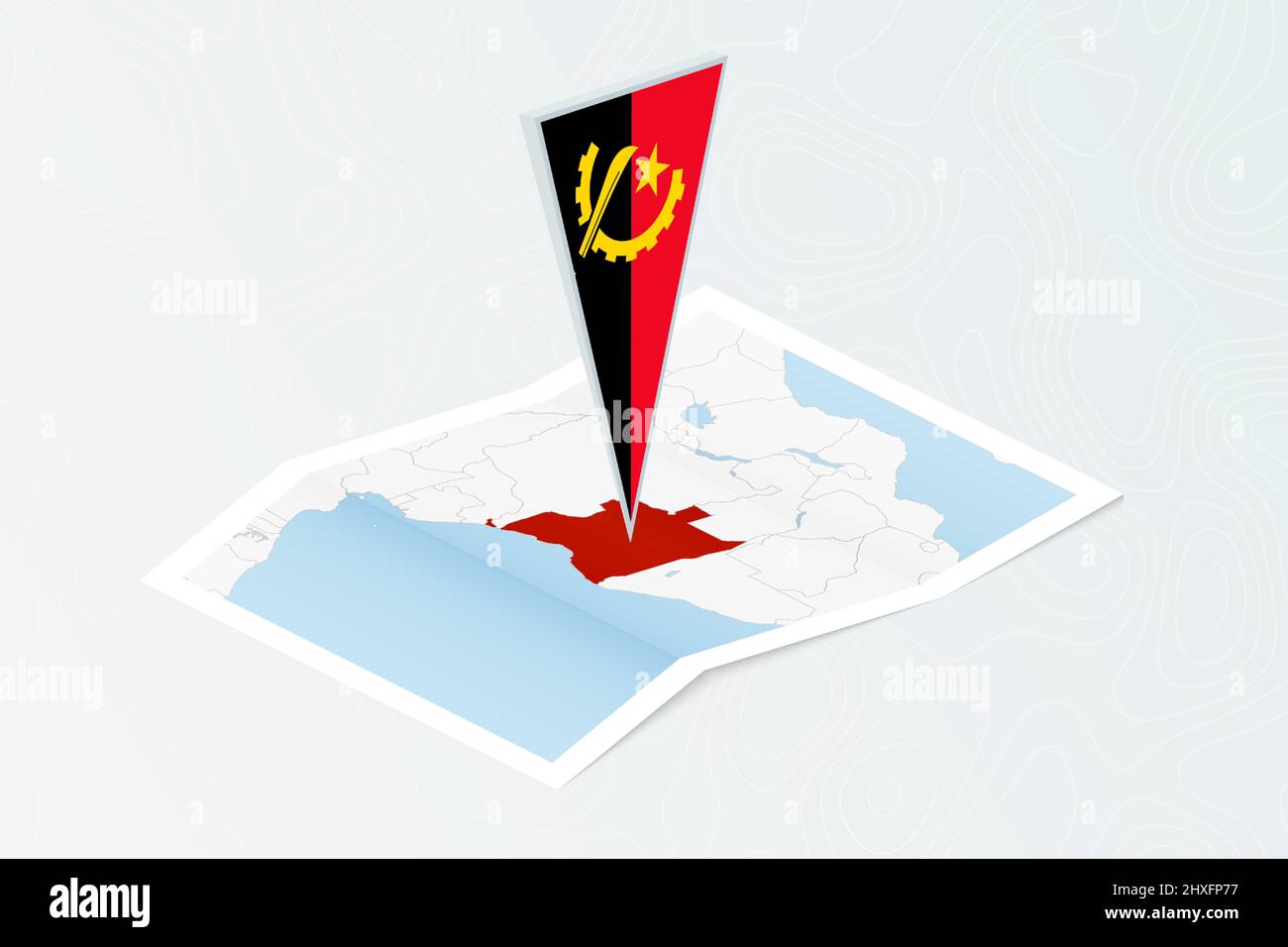 Isometric paper map of Angola with triangular flag of Angola in ...