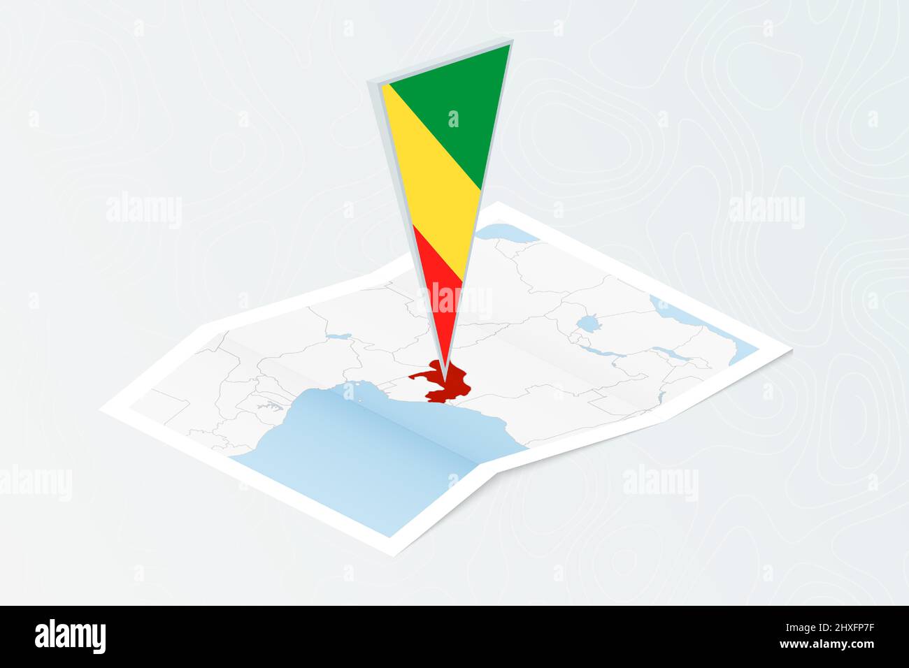 Isometric paper map of Congo with triangular flag of Congo in isometric ...