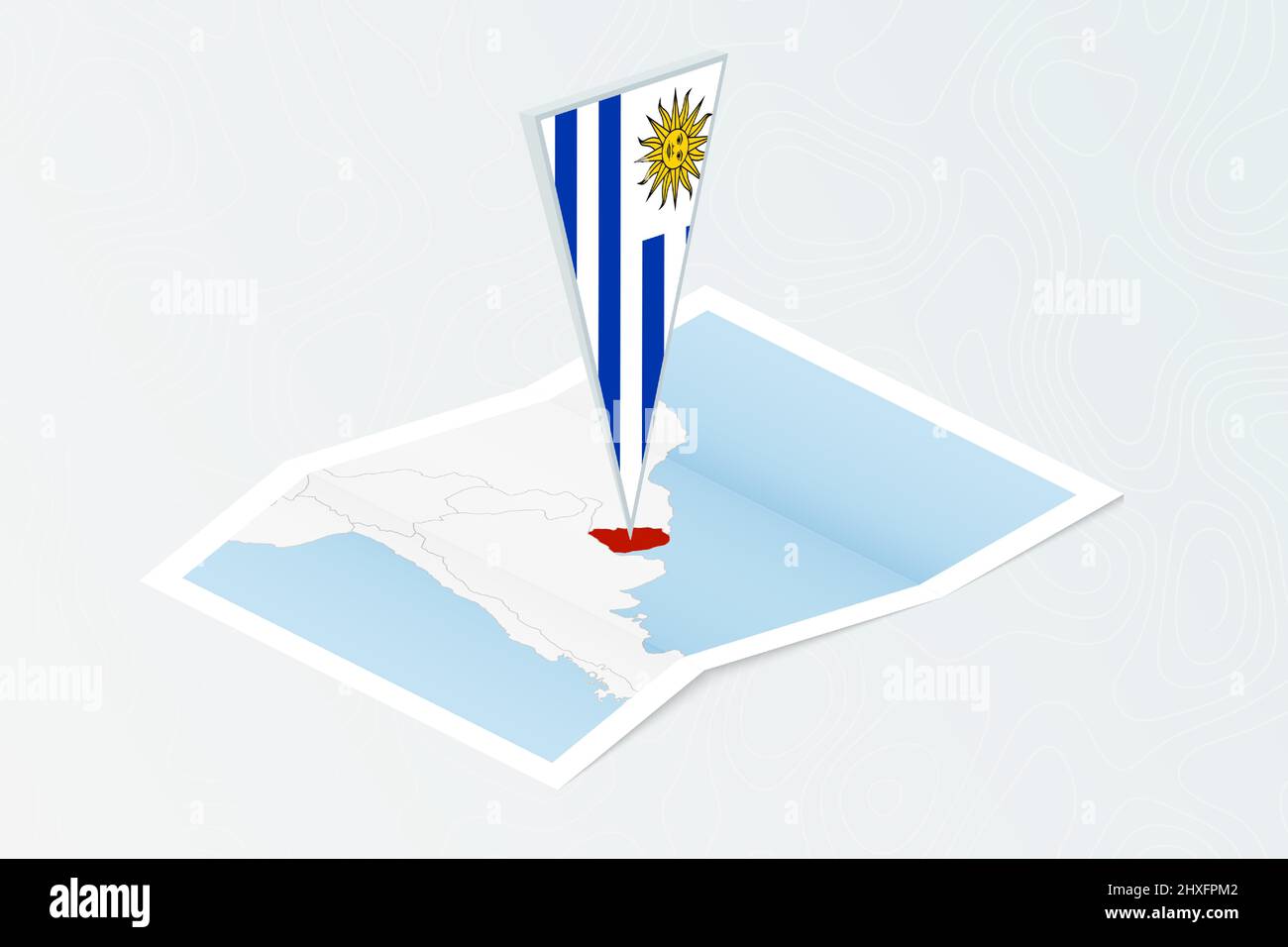 Isometric paper map of Uruguay with triangular flag of Uruguay in isometric style. Map on topographic background. Vector illustration. Stock Vector