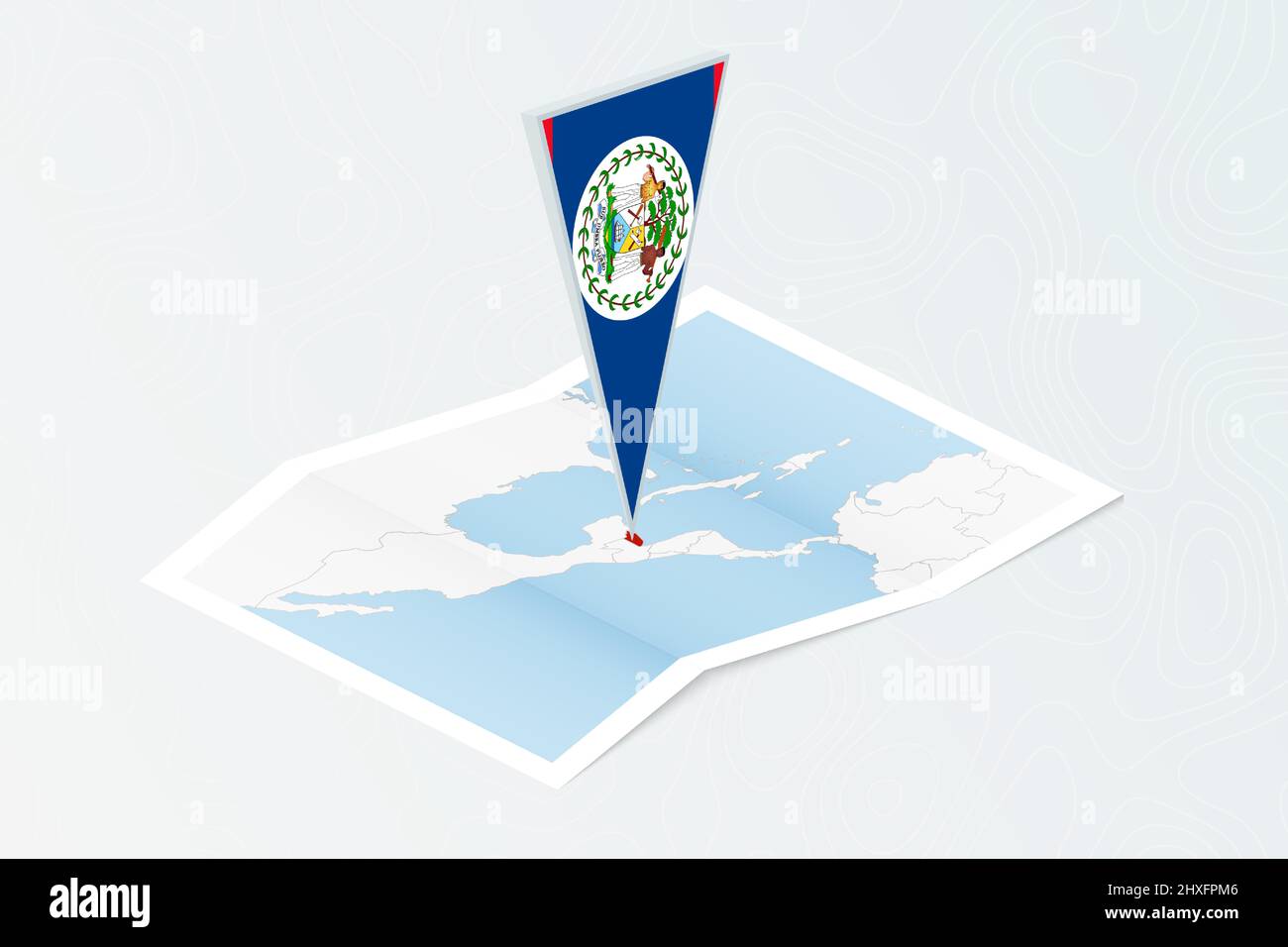 Isometric paper map of Belize with triangular flag of Belize in ...