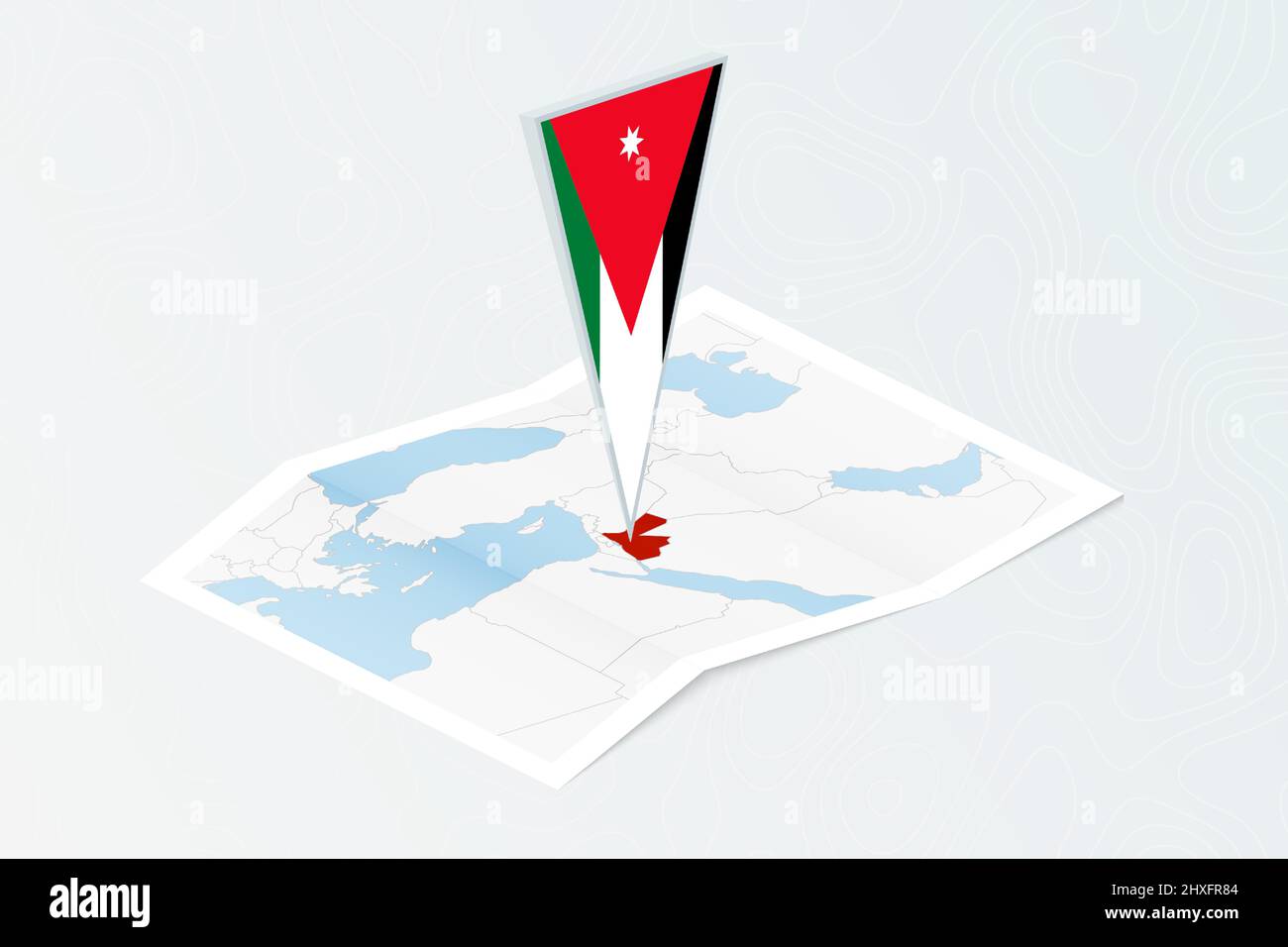 Isometric paper map of Jordan with triangular flag of Jordan in isometric style. Map on topographic background. Vector illustration. Stock Vector