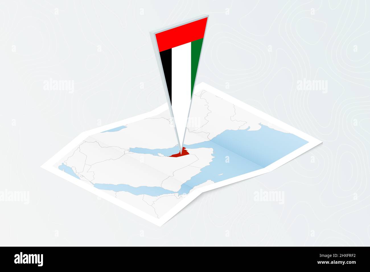 Isometric paper map of United Arab Emirates with triangular flag of ...