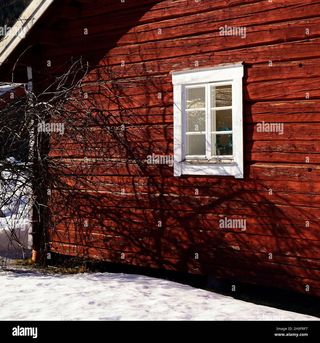 Small red Swedish cottage in winter Stock Photo