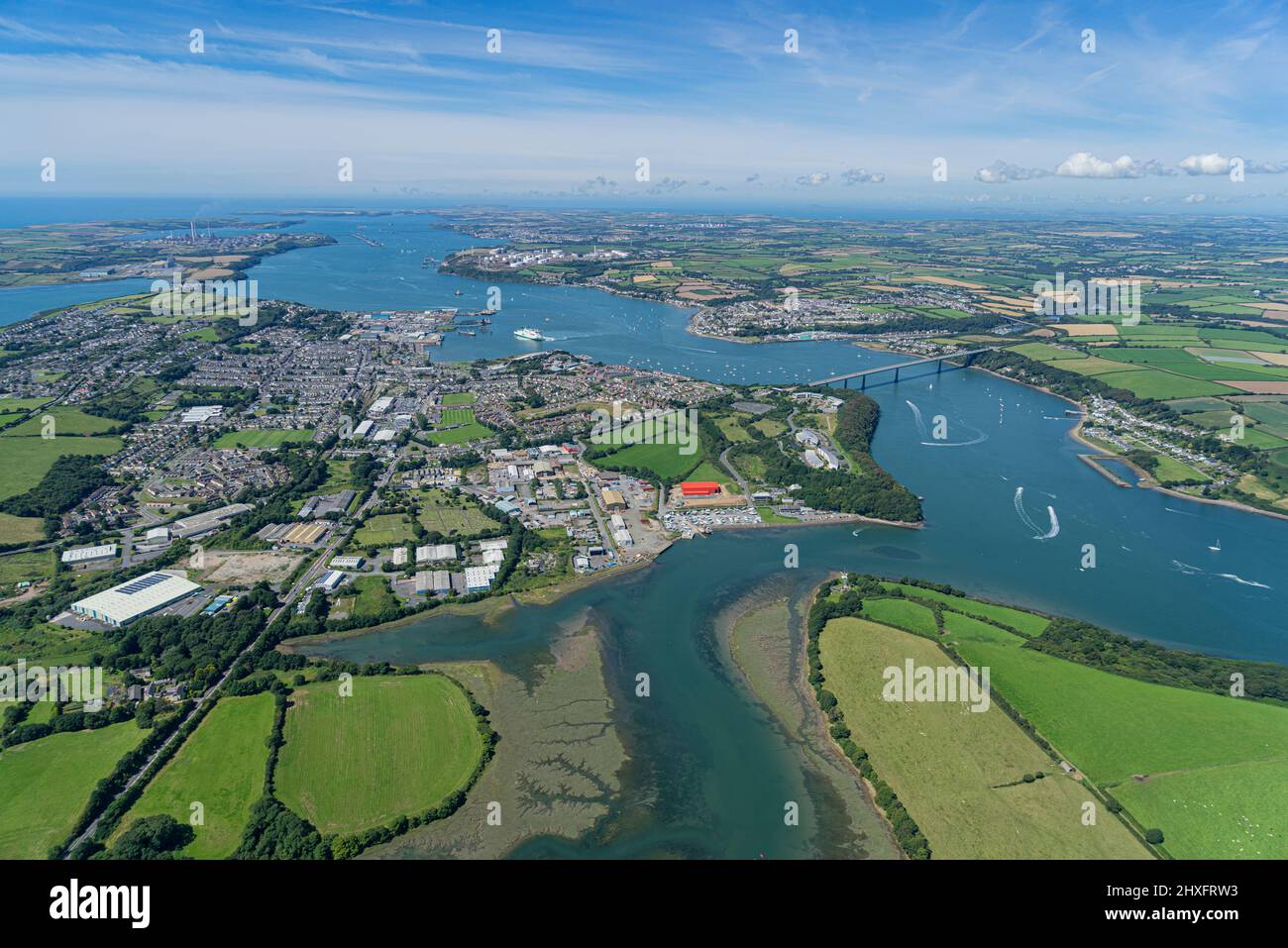 The busy Milford Haven Waterway and Oil and Gas terminals at Hakim, Pembrokeshire Stock Photo