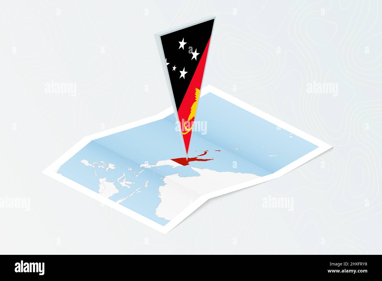 Isometric paper map of Papua New Guinea with triangular flag of Papua ...