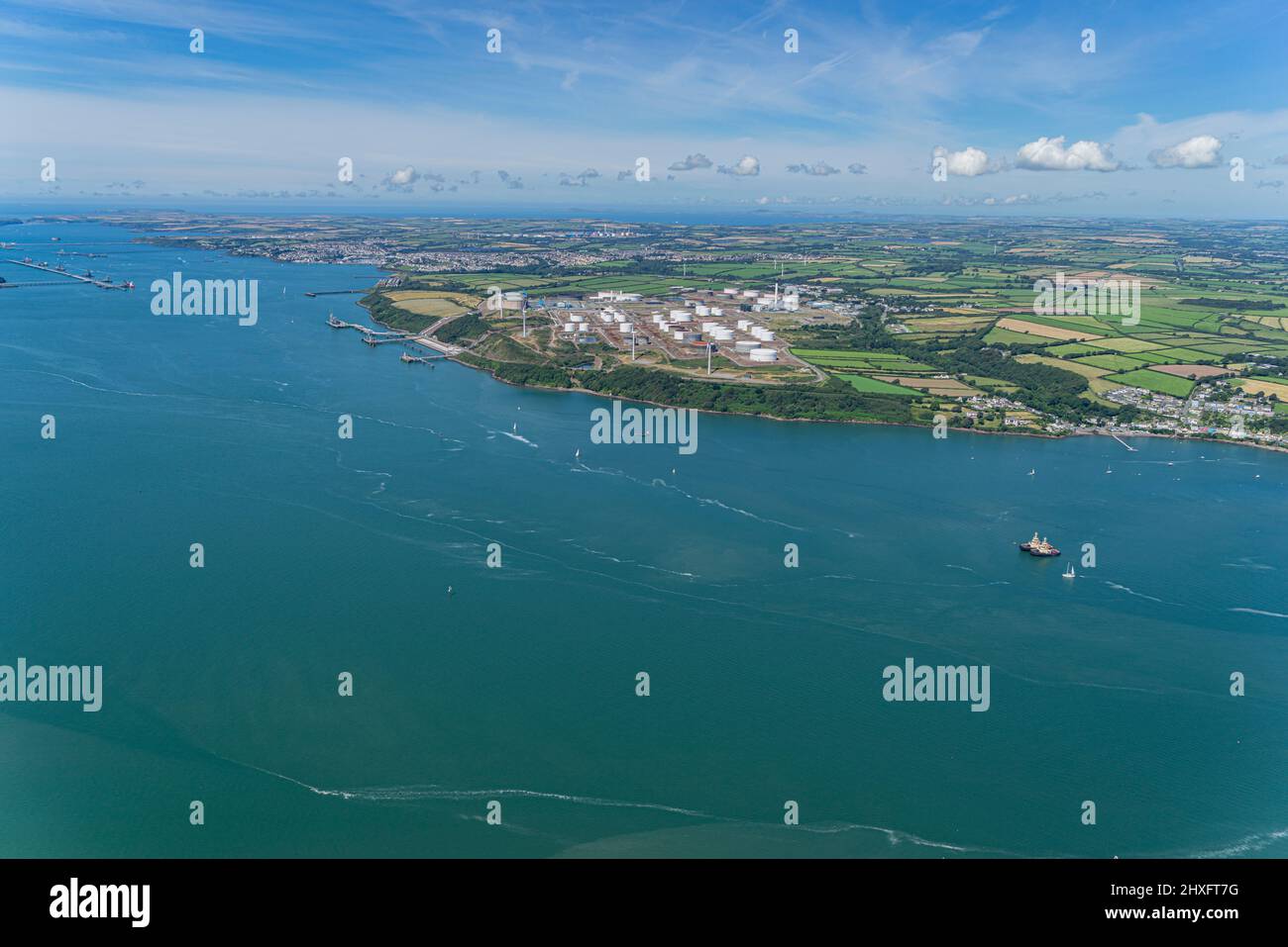 The busy Milford Haven Waterway and Oil and Gas terminals at Hakim, Pembrokeshire Stock Photo