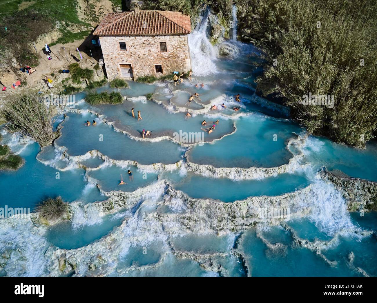 drone shot of Cascate del Mulino di Saturnia, Tuscany, Italy Stock Photo -  Alamy
