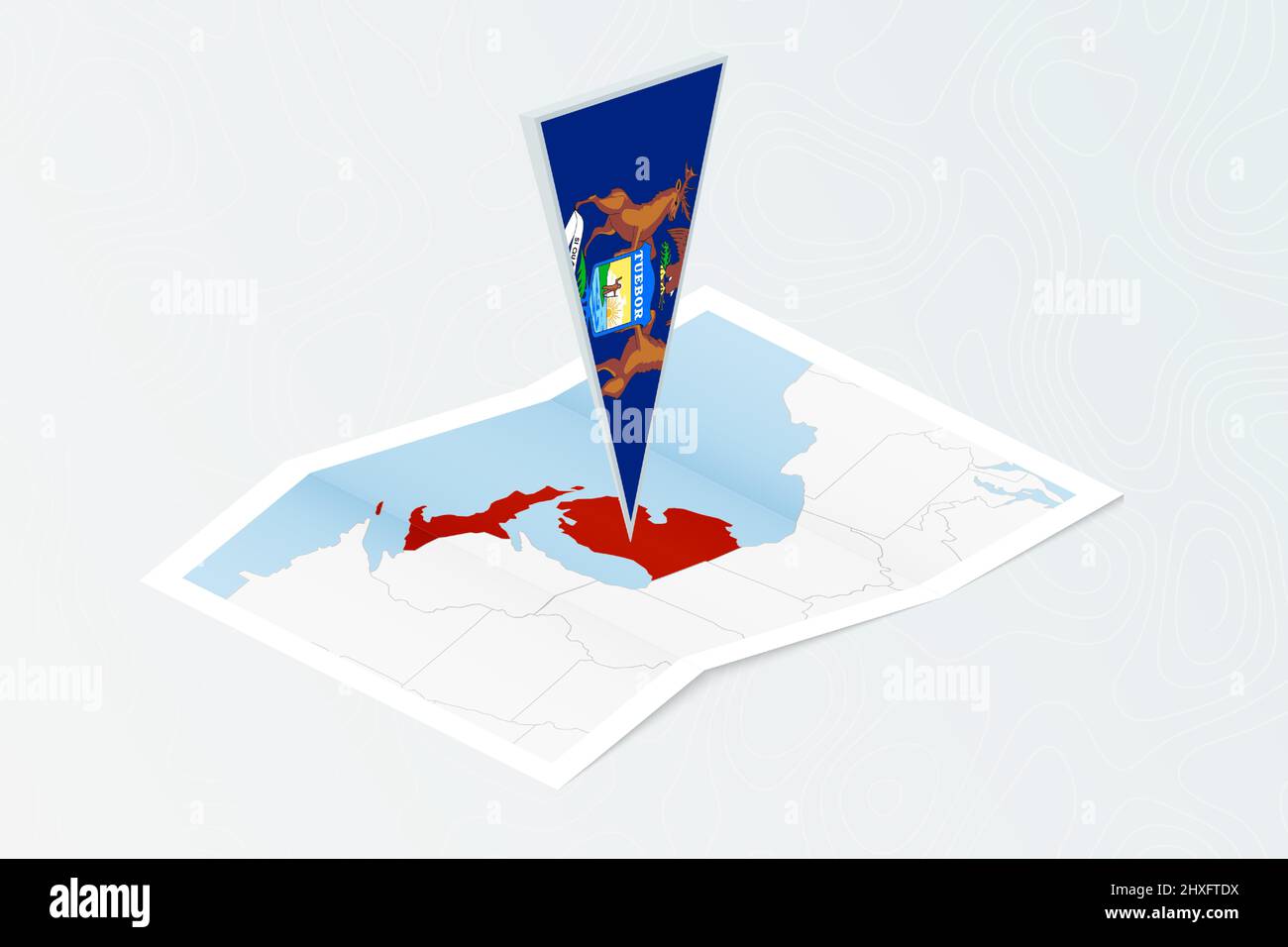 Isometric paper map of Michigan with triangular flag of Michigan in ...