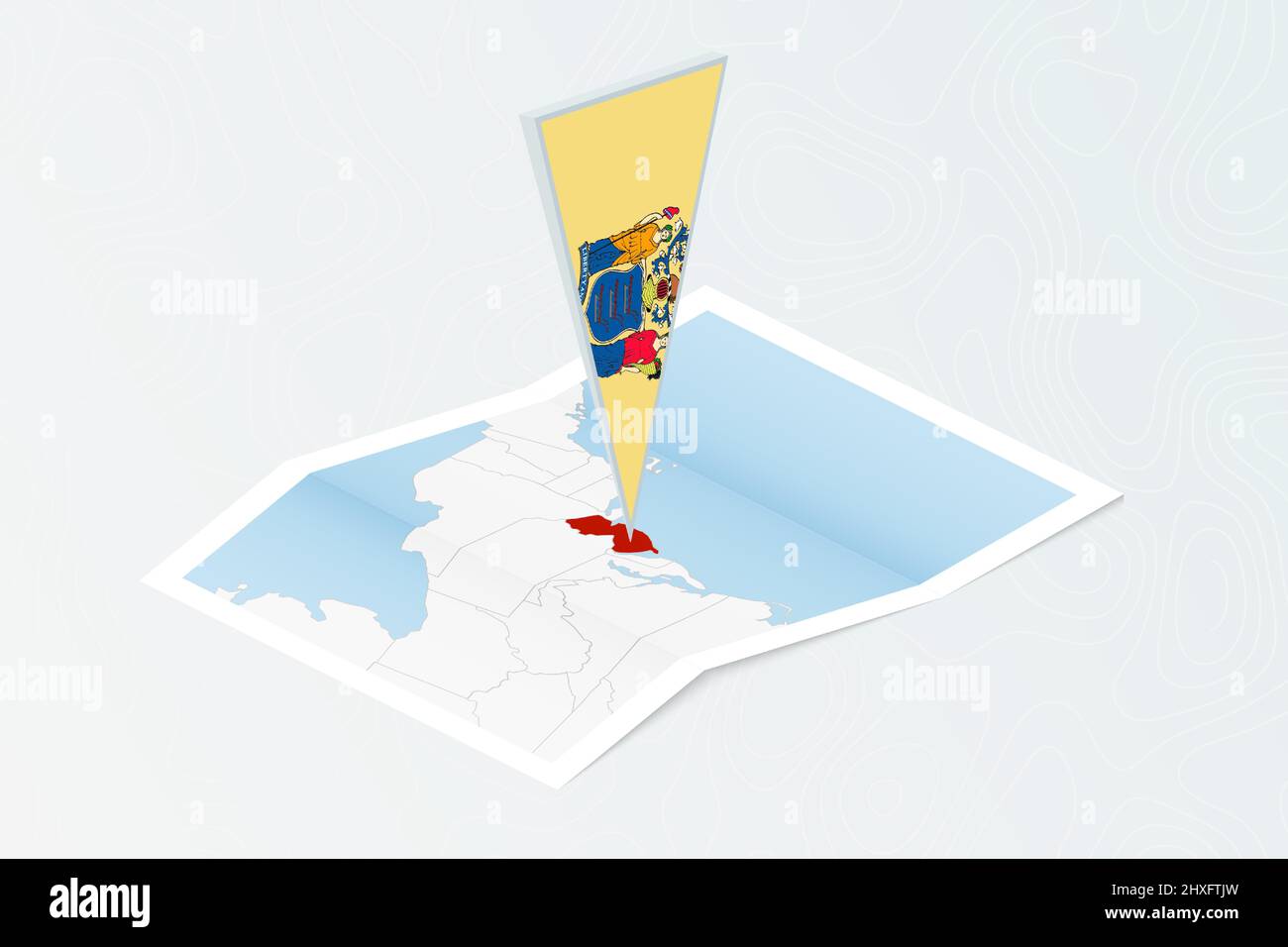 Isometric paper map of New Jersey with triangular flag of New Jersey in ...