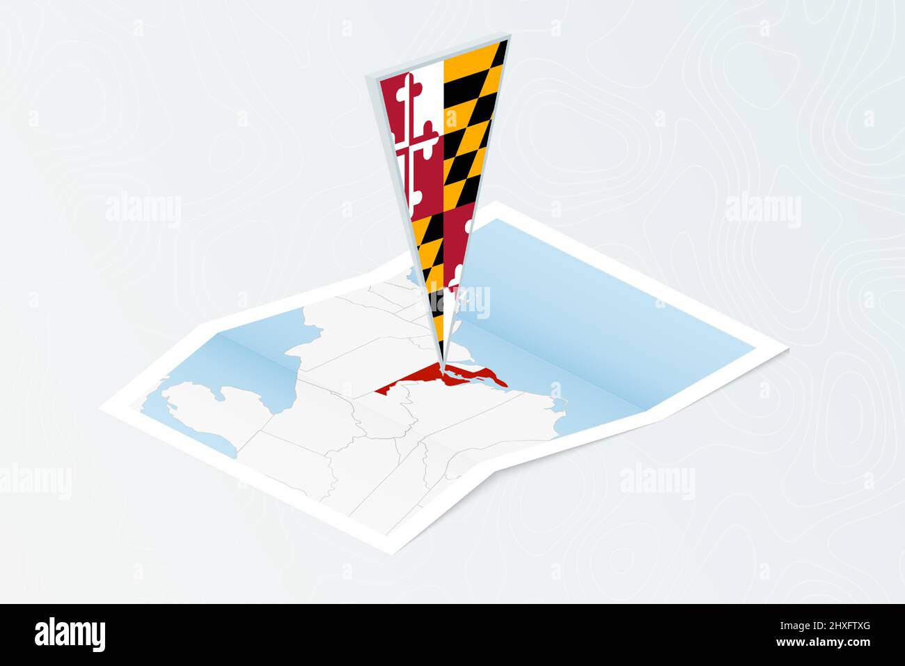 Isometric paper map of Maryland with triangular flag of Maryland in ...