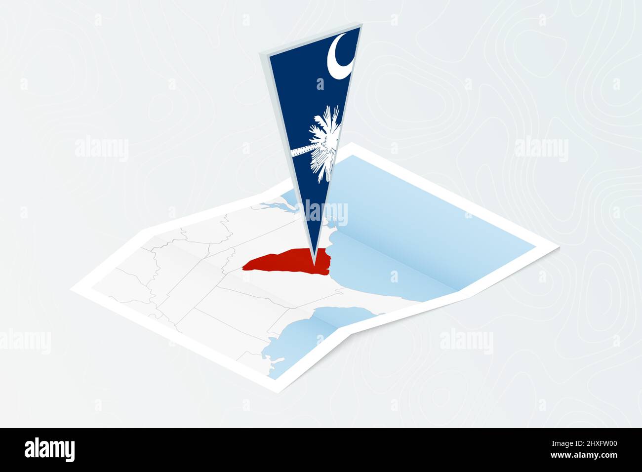 Isometric paper map of South Carolina with triangular flag of South ...
