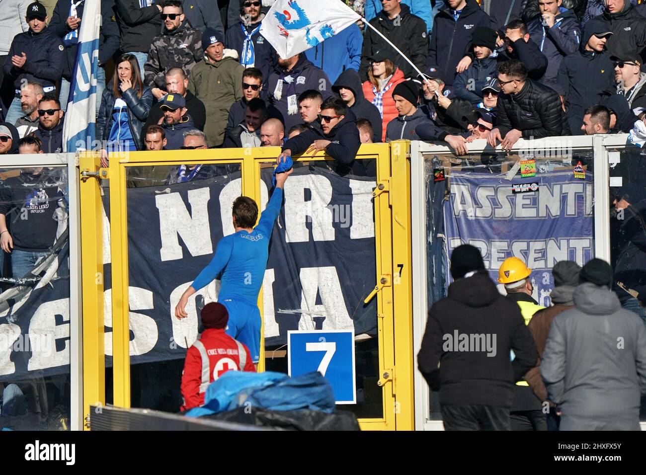 Brescia Calcio supporters  during  US Lecce vs Brescia Calcio, Italian soccer Serie B match in Lecce, Italy, March 12 2022 Stock Photo