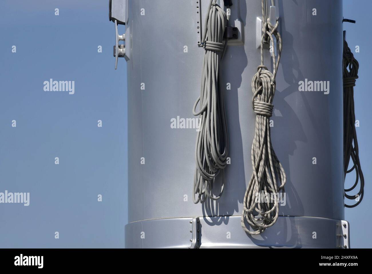 Luxury sailing yacht pulleys and mooring ropes on the bottom of a