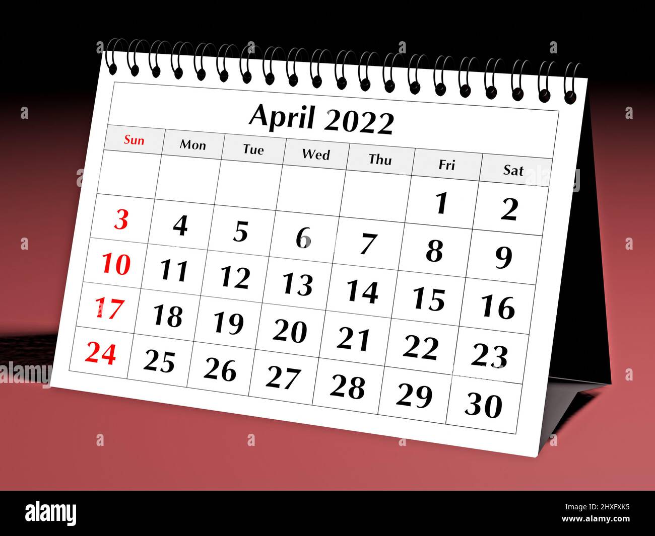 One page of the annual business monthly calendar. Date - month April 2022. 3d rendering Stock Photo