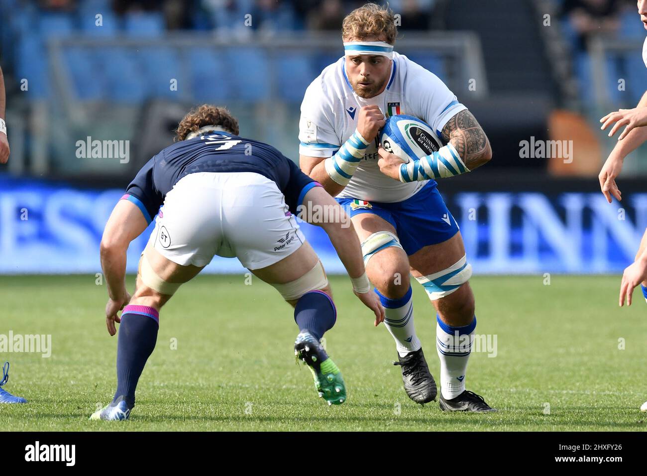Rome, Italia. 12th Mar, 2022. Hamish Watson of Scotland and Niccolo Cannone  of Italy during the Six Nations 2022 rugby match between Italy and Scotland  in Rome, Olimpico stadium, March 12th, 2022.