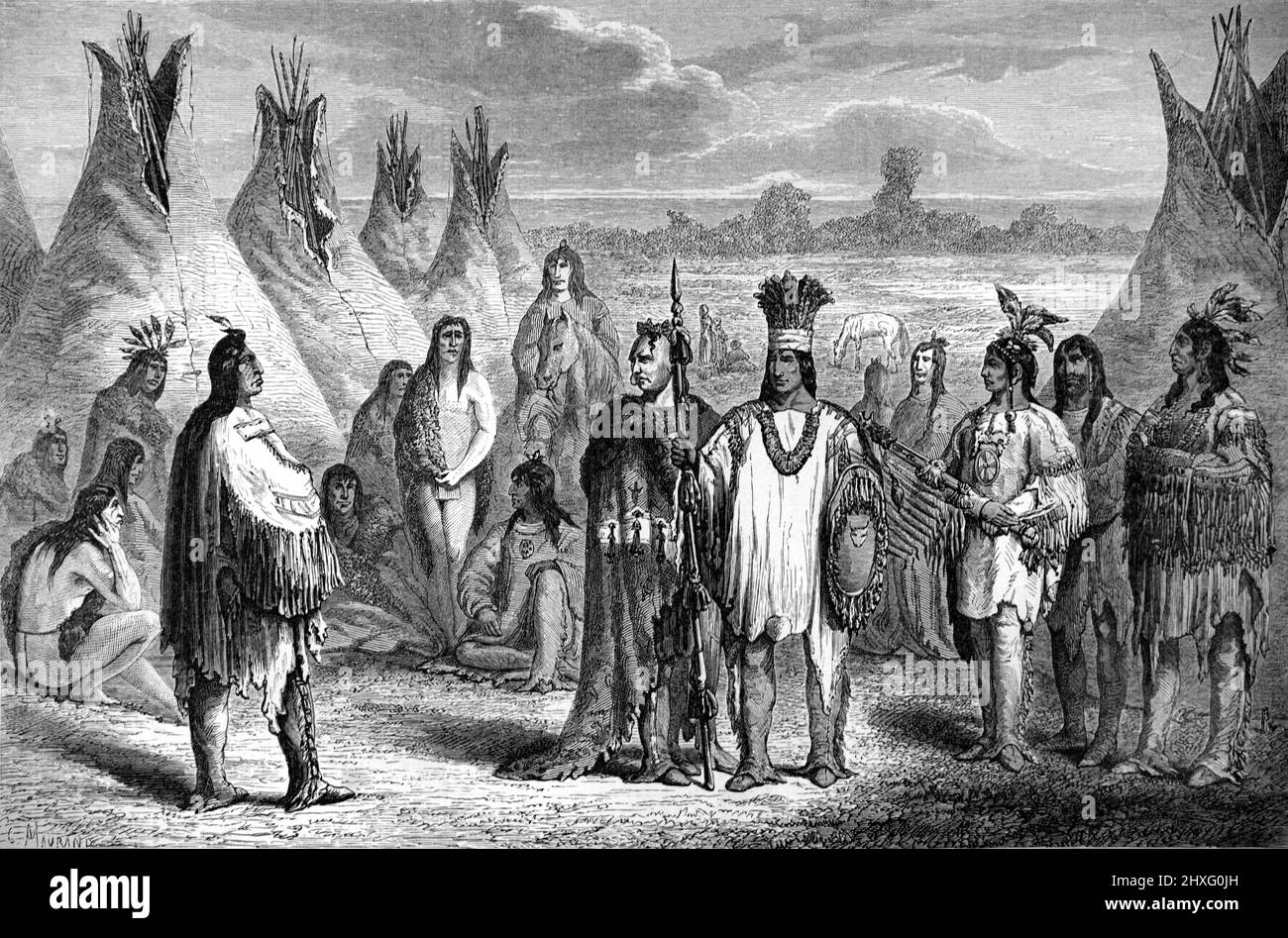 Tepees, Teepees or Tipi Camp or Village of Native American Cree Indians, or First Nation People, Canada. Vintage Illustration or Engraving 1860. Stock Photo