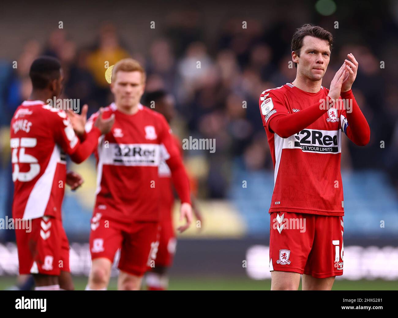 Middlesbrough's Jonny Howson (right) applauds the fans after the Sky Bet Championship match at The Den, London. Picture date: Saturday March 12, 2022. Stock Photo