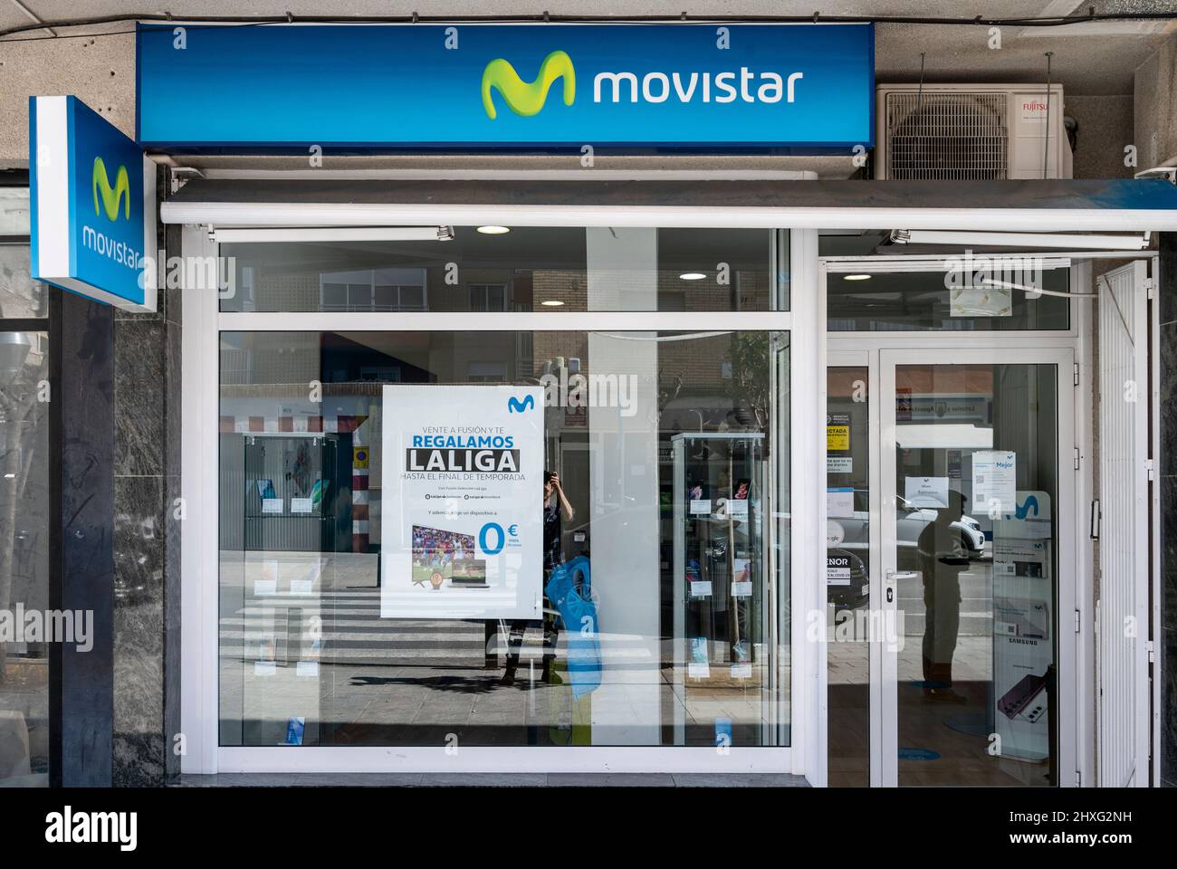 Spanish telecommunications brand owned by Telefonica and largest mobile phone operator, Movistar, store seen in Spain. Stock Photo
