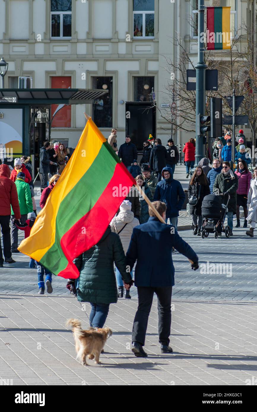 Couple with big Lithuanian flag and dog walking in the city in a sunny Independence Day, vertical Stock Photo