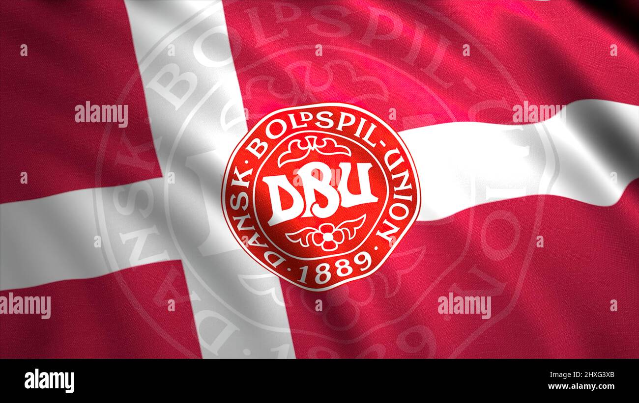 Red waving flag crossed by white stripes with the round shaped emblem. Motion. Logotype of the Denmark national football team, seamless loop. For Stock Photo