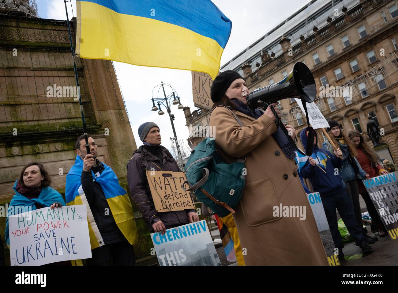 Glasgow, UK, 12 March 2022. Susan Aitken, leader of Glasgow City Council speaks at the Stand With Ukraine rally in George Square, showing support for Ukraine in their current war with President PutinÕs Russia, in Glasgow, Scotland, 12 March 2022. Photo credit: Jeremy Sutton-Hibbert/ Alamy Live News. Stock Photo