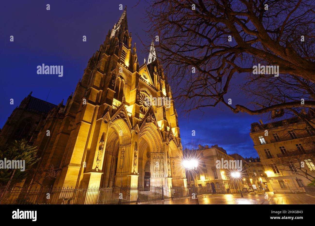 the Catholic Basilica of Saint Clotilde at night , Paris, France Stock