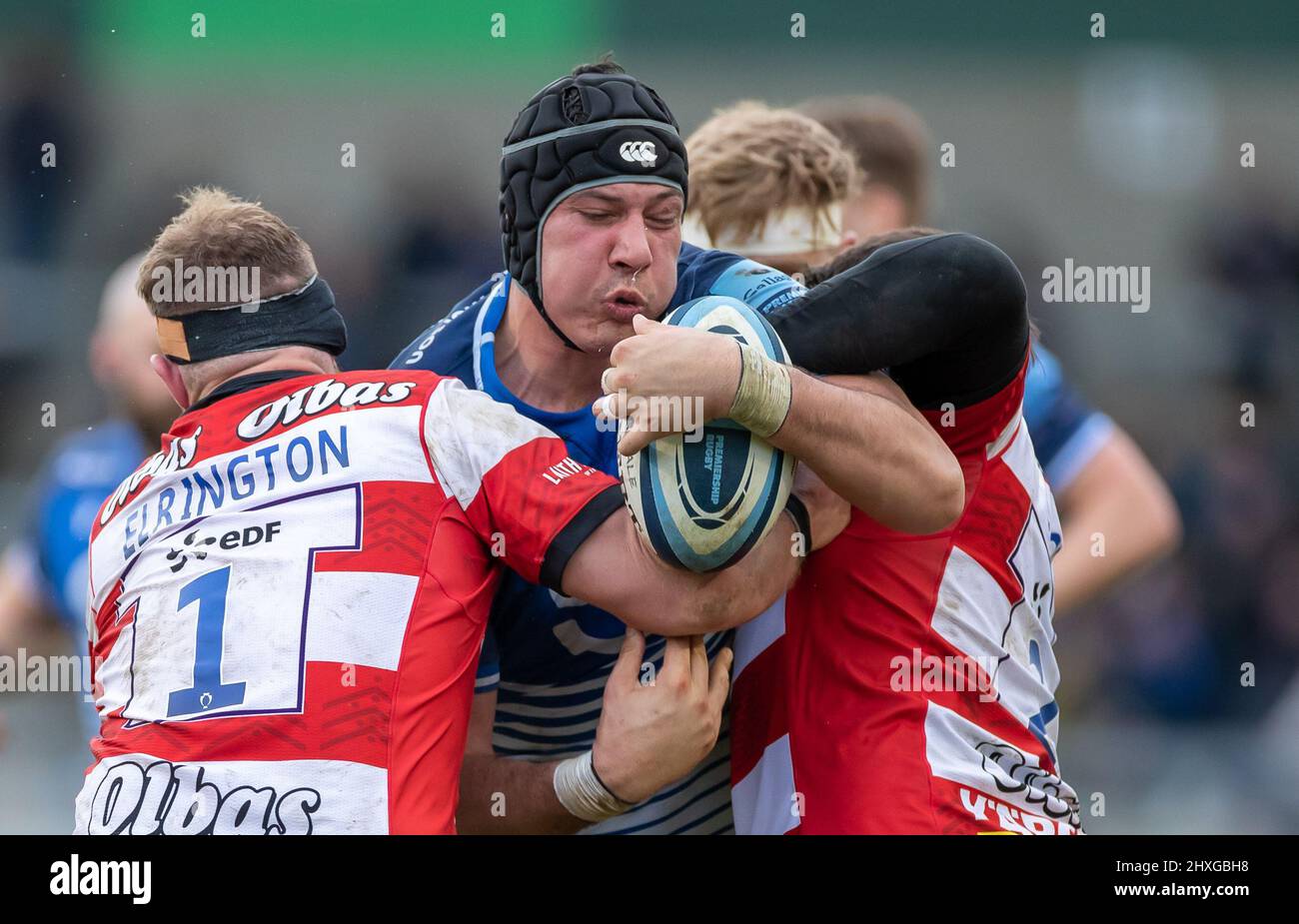 12th March 2022 ; AJ Bell Stadium, Sale, England; Gallagher Premiership rugby, Sale versus Gloucester:  Jean-Pierre du Preez of Sale Sharks is tackled by  Harry Elrington of Gloucester Stock Photo