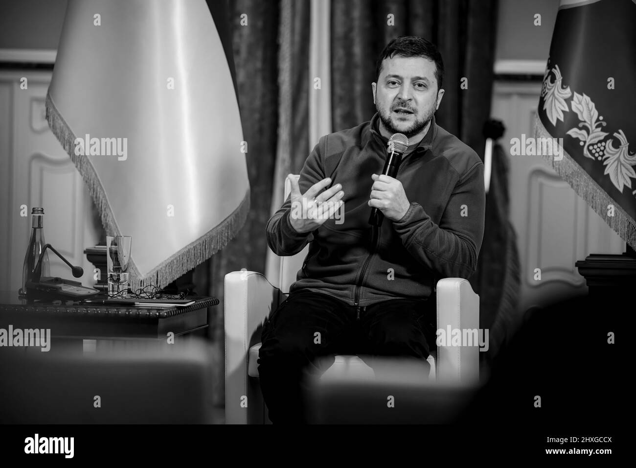 President Volodymyr Zelensky of Ukraine speaks with members of the ...