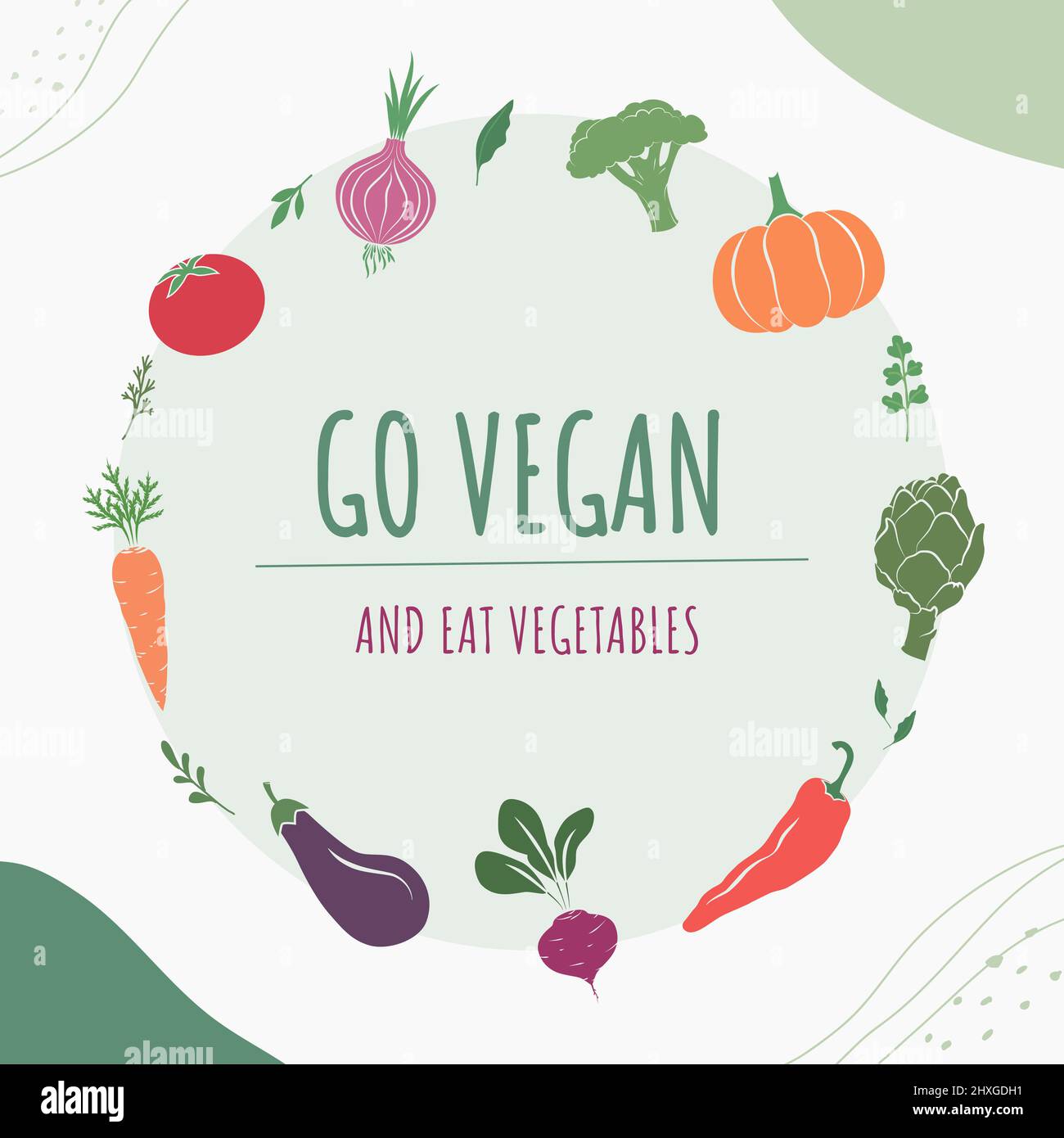 Vegetable and herbs icons, Go vegan slogan. Concept of healthy food, natural vegan products shops, and organic market. Vector illustration. Stock Vector