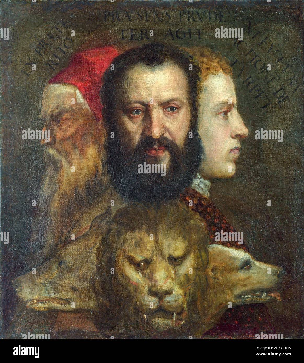 Allegory of Prudence,   Titian  (1490–1576)   The three heads allude to the three ages of man: youth, maturity and old age; left: Titian at old age; middle: his son Orazio, who died of the plague the same year as Titian; right: his cousin and heir: Marco Vecellio, *1545; the triple-headed beast - Wolf, lion and dog - is a Symbol of prudence. Date: between circa 1550 and circa 1565 Stock Photo