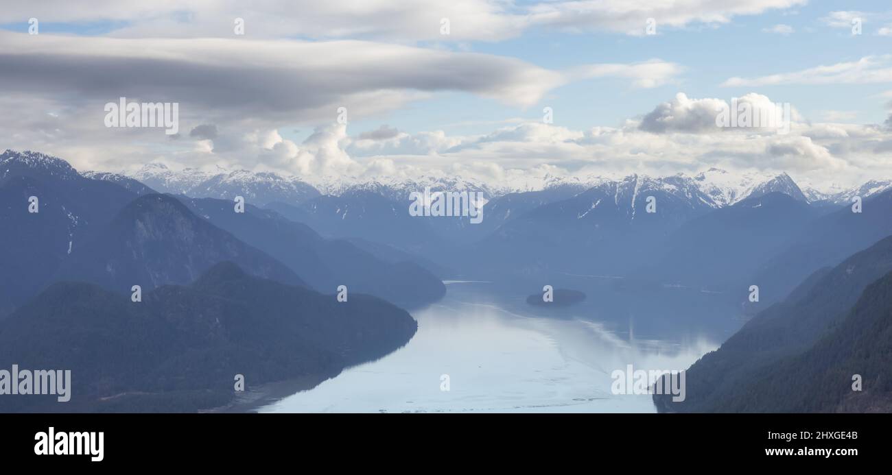 Aerial View of Pitt Lake with Canadian Mountain Landscape Stock Photo