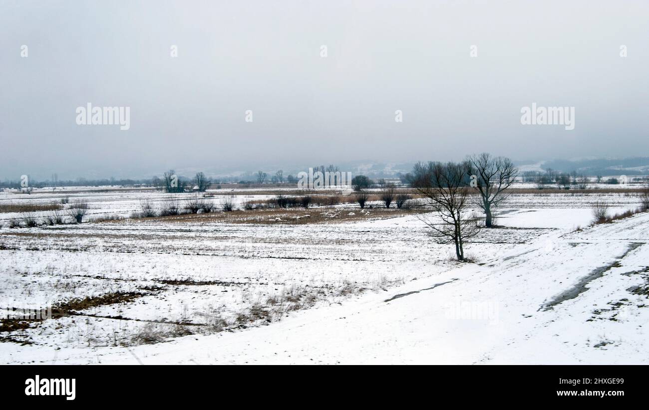 Winter panorama of the Jadar river valley in western Serbia near the town of Loznica. Stock Photo