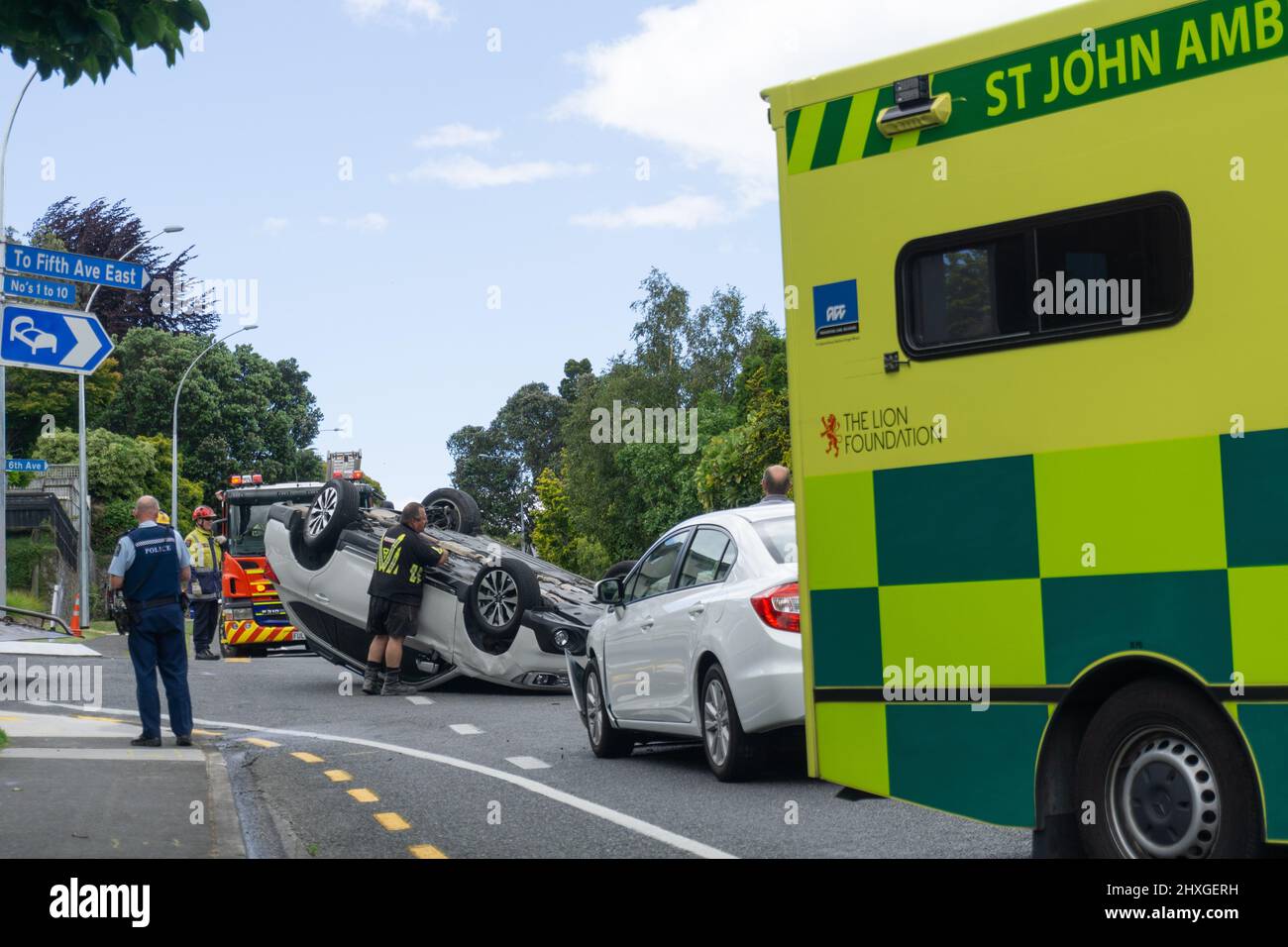 Tauranga New Zealand December 16 2015; Police, ambulance and fire