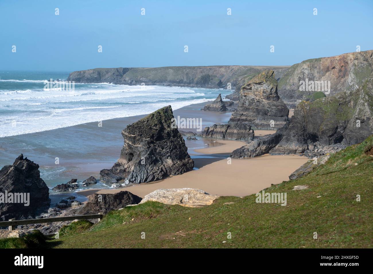 Picturesque Bedruthan Steps, Carnewas, North Cornwal, UK, with rock stacks and pristine beach. Stock Photo
