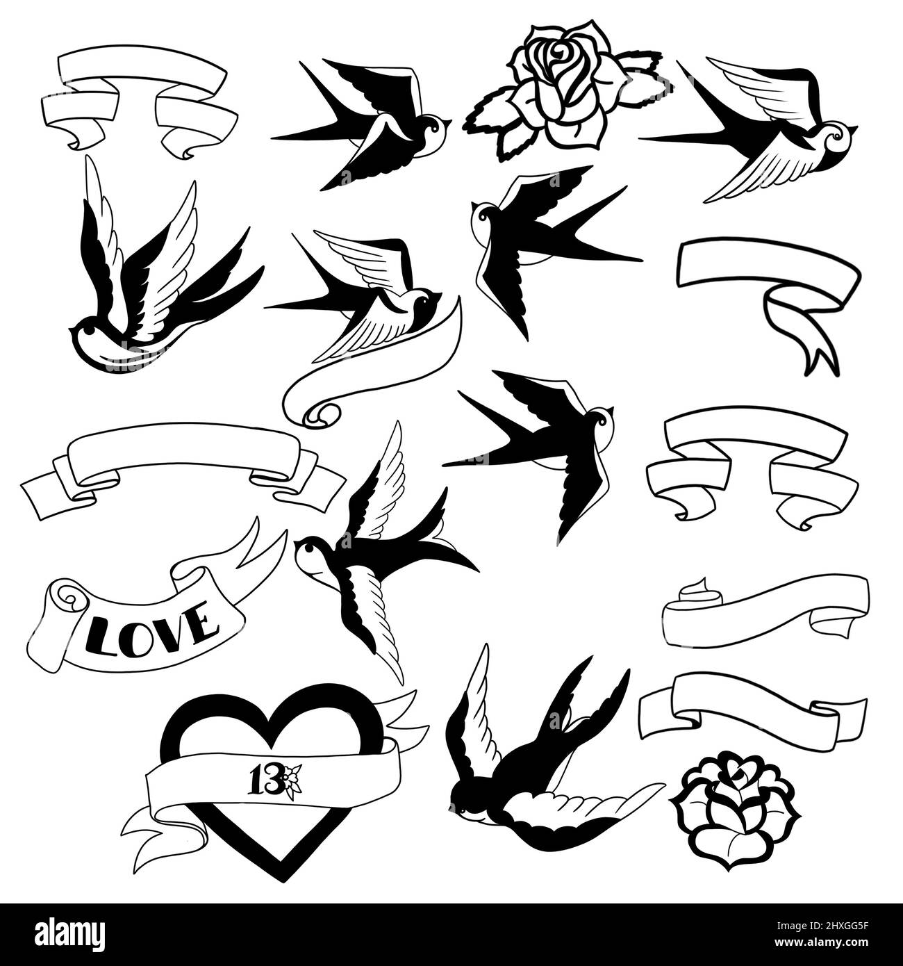 big set of old school tattoos - swallows, roses, hearts and ribbons,  traditional design elements Stock Photo - Alamy