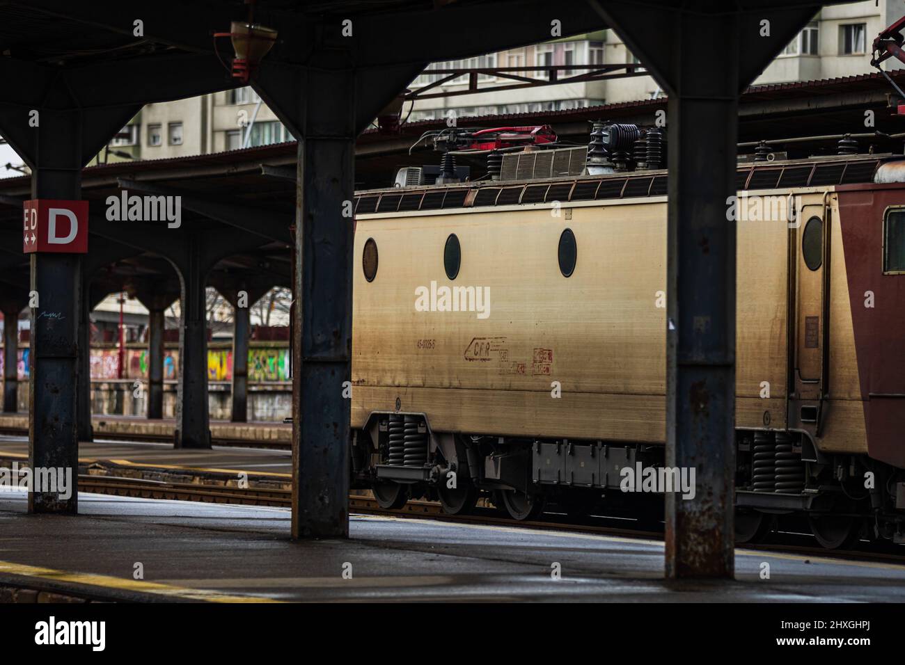 Train in motion or at train platform at Bucharest North Railway Station ...