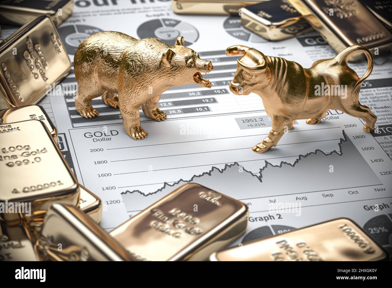 Golden bars and ingots of gold with bull and bear on stock chart. Investment and finance concept. 3d illustration Stock Photo