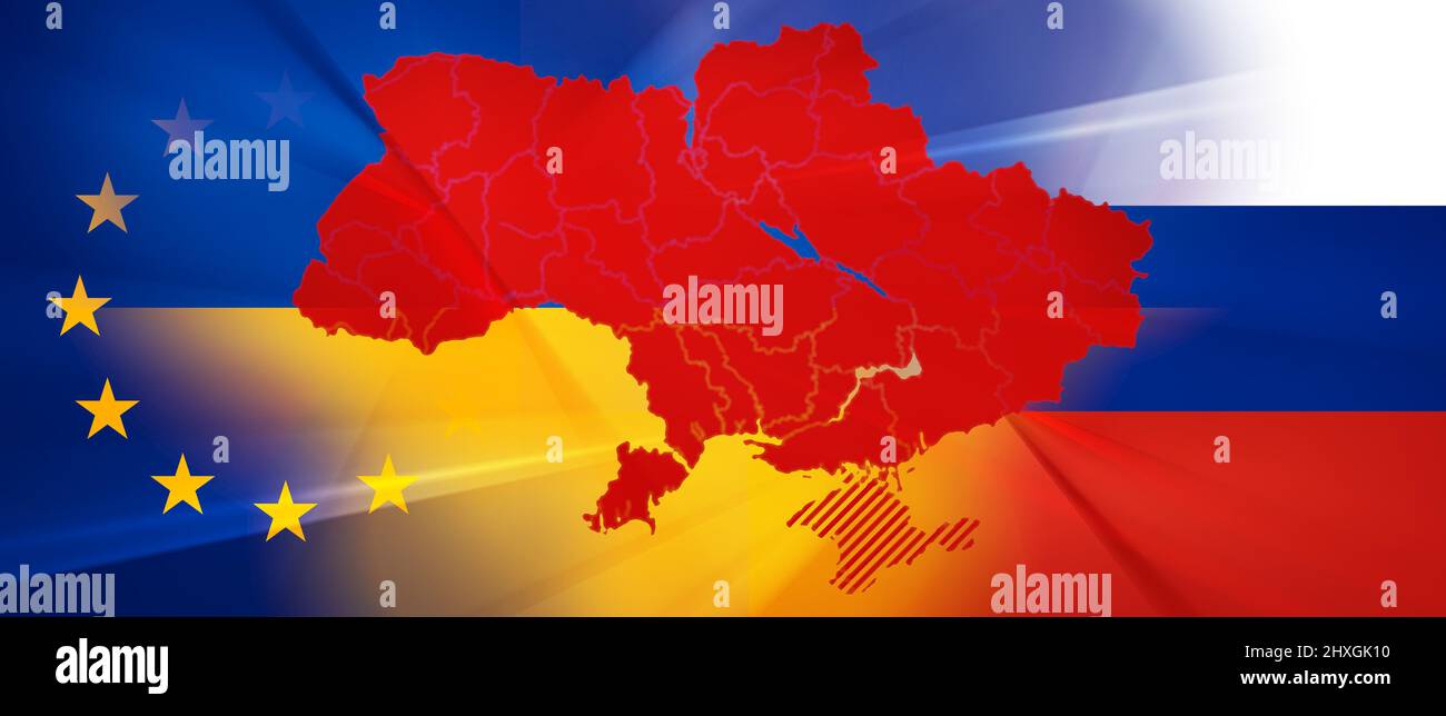 flag of Europe and Russia and in the middle a simplified red outline