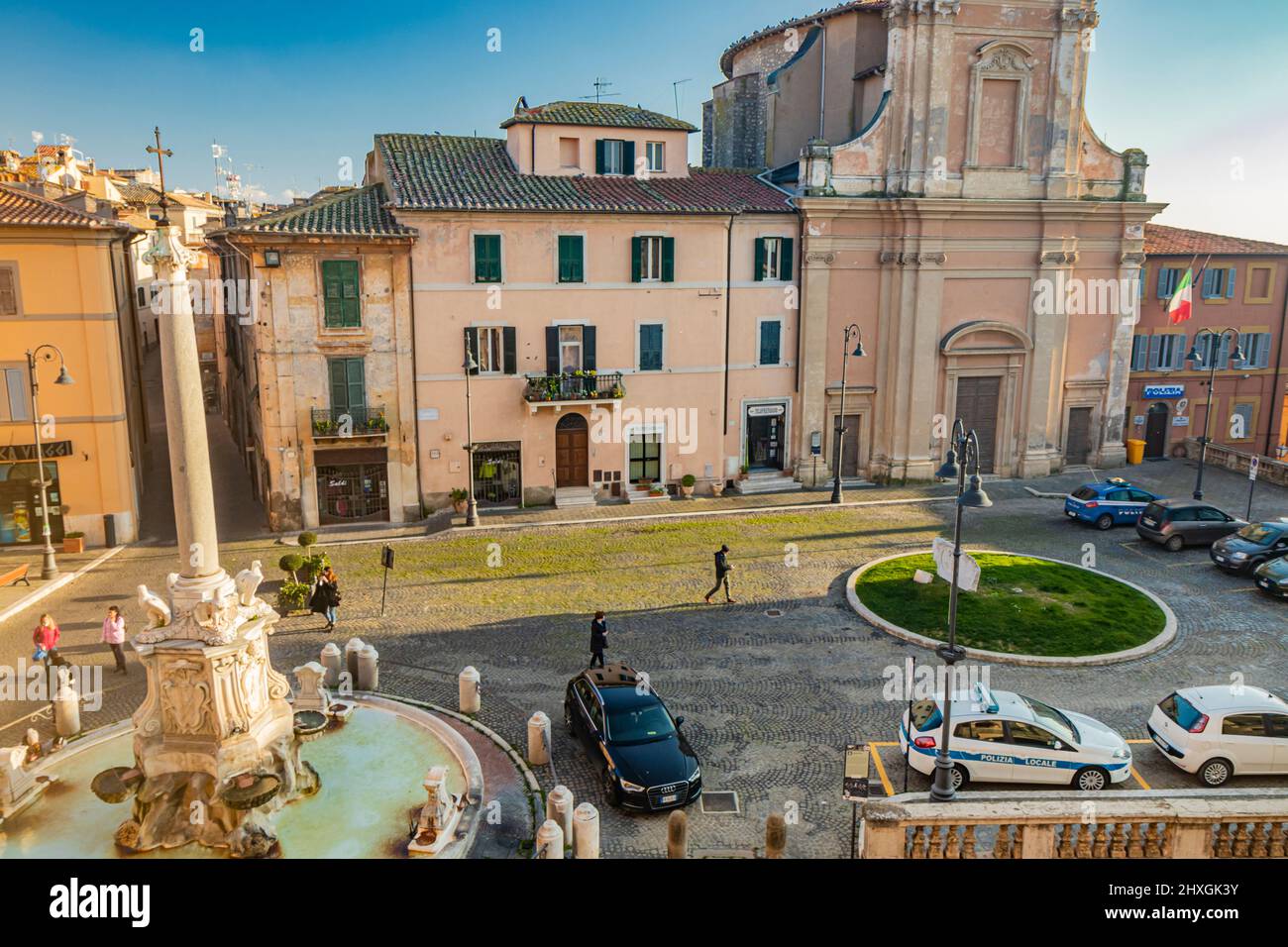 Feb. 6, 2022 - Tarquinia, Viterbo, Lazio, Italy - The main square of the village photographed from above, in the evening. Circular fountain with the o Stock Photo