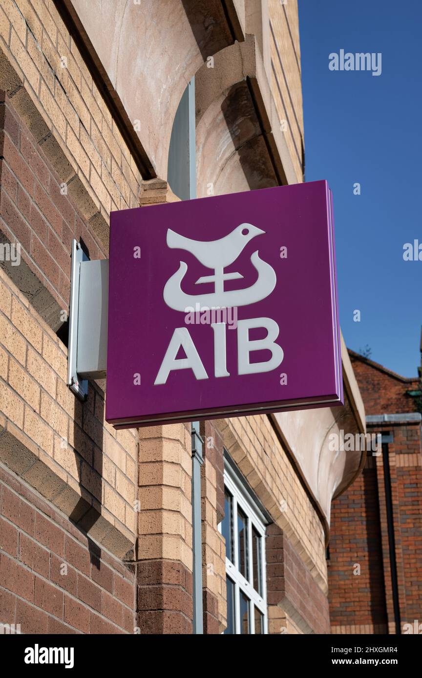 Belfast, UK- Feb 19, 2022: The sign for AIB bank in Belfast Northern Ireland. Stock Photo