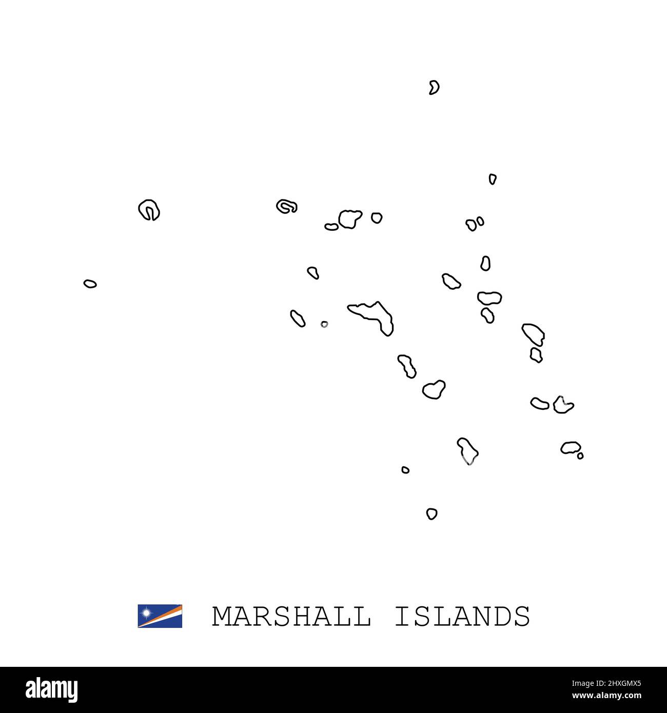Marshall Islands map line, linear thin vector simple outline and flag. Black on white background Stock Vector