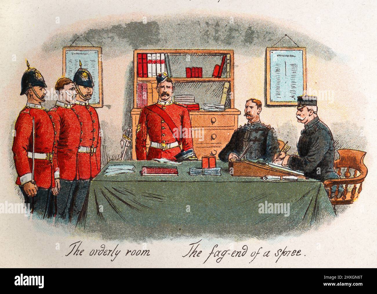 Vintage illustration of The orderly room, the fag end of a spee, Victorian British Military 19th Century Stock Photo