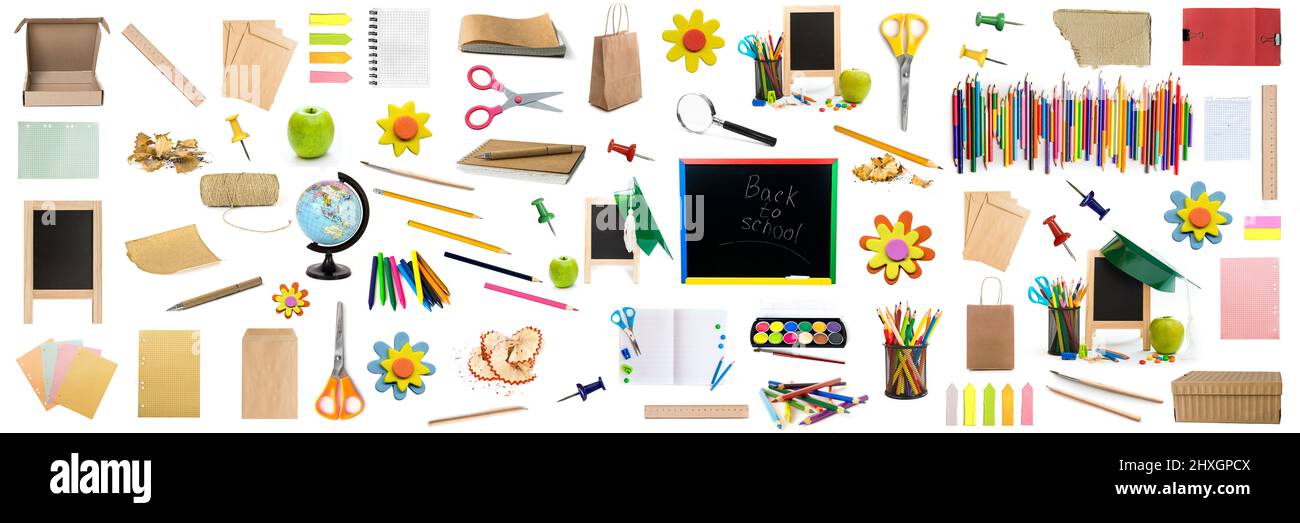 School supplies collage Stock Photo - Alamy