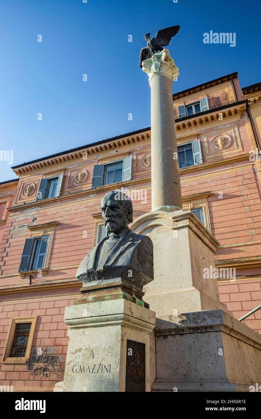 Feb. 6, 2022 - Tarquinia, Lazio, Italy - Bronze statue of Giuseppe Mazzini, an Italian politician, journalist, and activist for the unification of Ita Stock Photo