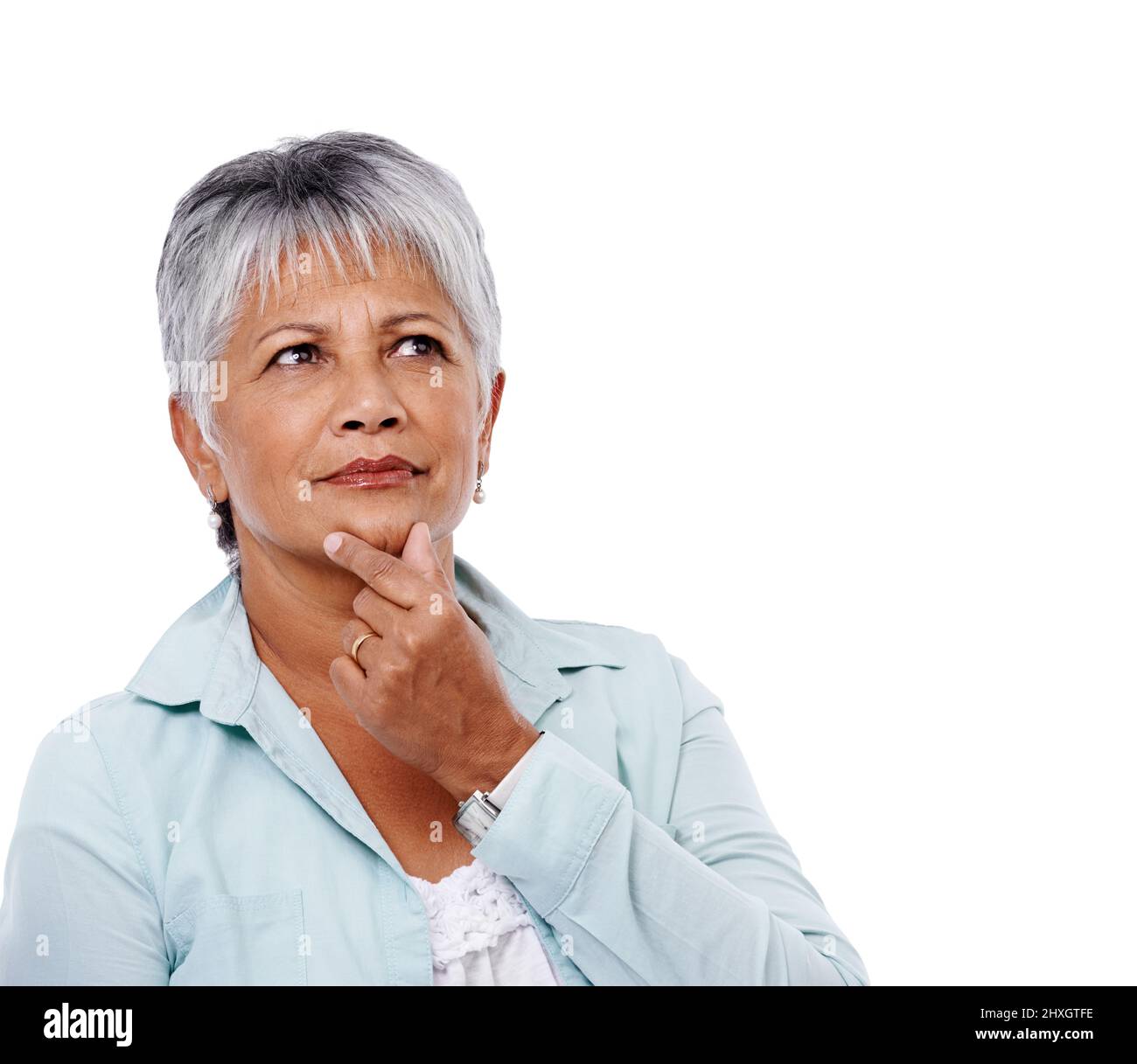 Mature woman thinking grey hair hi-res stock photography and images - Alamy